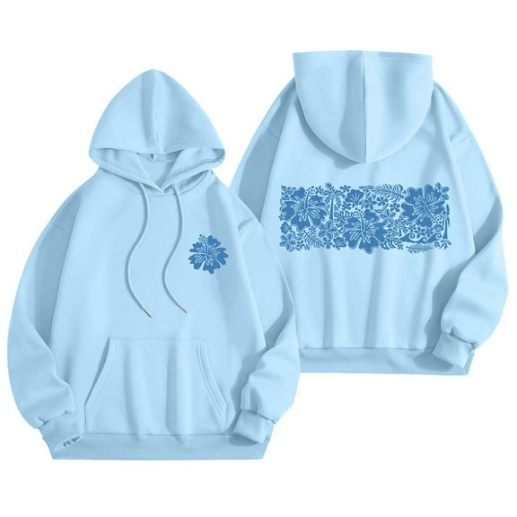 Kaprioy Cute Hoodies for Teen Girls Women Y2k Floral Graphic Oversized Sweatshirt Long Sleeve Preppy Clothes Sky Blue, S