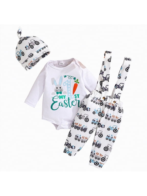 My First Easter Baby Boy Outfit Boys Eeaster Outfit MY 1ST Easter Baby Boy Outfits Newborn Long Sleeve Onesie Romper Bunny Suspender Overalls Pants Hat 3PCS Infant Clothes Set