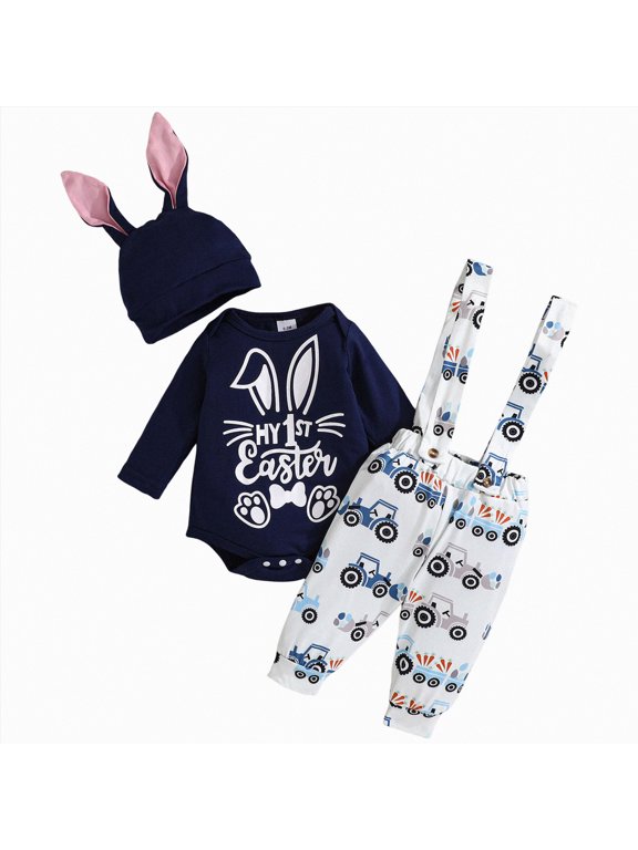 My First Easter Baby Boy Outfit Boys Eeaster Outfit MY 1ST Easter Baby Boy Outfits Newborn Long Sleeve Onesie Romper Bunny Suspender Overalls Pants Hat 3PCS Infant Clothes Set