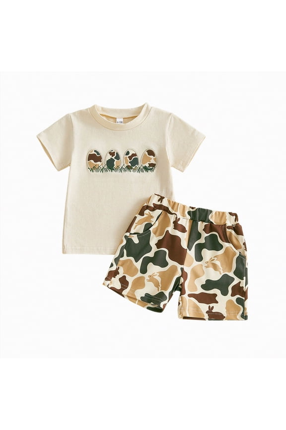 My First Easter Baby Boy Outfit Boys Eeaster Outfit Baby Boy Summer Clothes Easter Egg Print Short Sleeves T-Shirt Elastic Camouflage Shorts 2 Piece Outfit