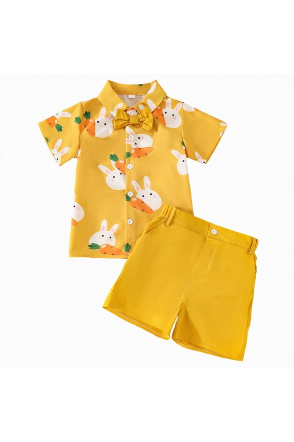 My First Easter Baby Boy Outfit Boys Eeaster Outfit Button Down Short Sleeve Rabbit Carrot Floral Bow Tie Shirts Casual Shorts Boys Clothes Set Boys Party Gentleman Suit