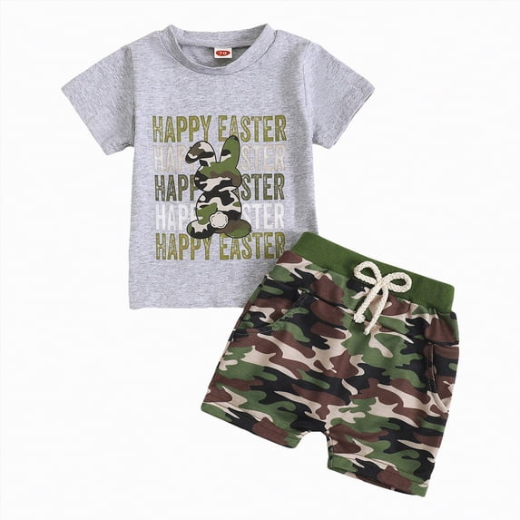 Kaprioy My First Easter Baby Boy Outfit Boys Eeaster Outfit Christian Easter T-Shirts Camo Bunny Tee Top With Camouflage Elastic Drawstring Shorts Summer Outfit