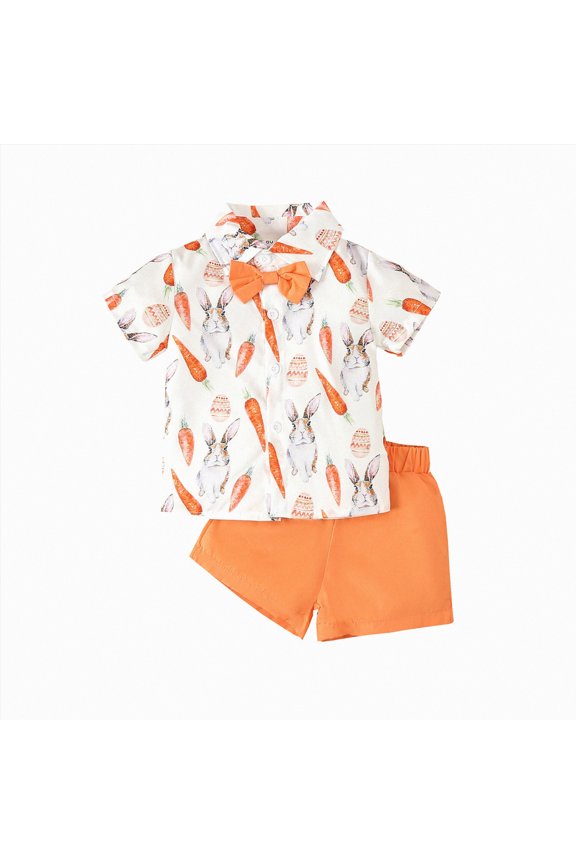 My First Easter Baby Boy Outfit Boys Eeaster Outfit Easter Cartoon Rabbit Print Bow Tie Button Down Shirt Top with Shorts Pants Set Gentleman's Outfit