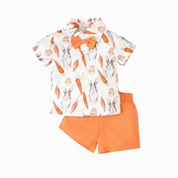 Kaprioy My First Easter Baby Boy Outfit Boys Eeaster Outfit Easter Cartoon Rabbit Print Bow Tie Button Down Shirt Top with Shorts Pants Set Gentleman's Outfit