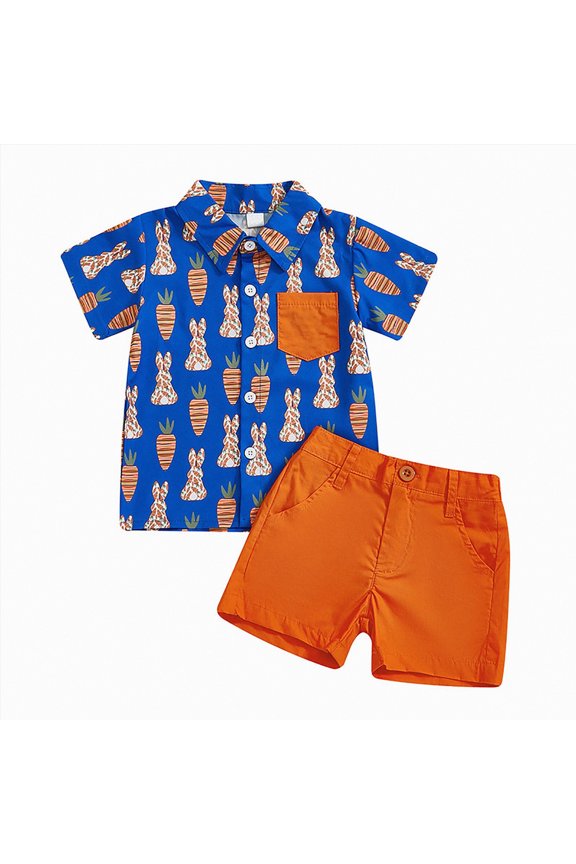 My First Easter Baby Boy Outfit Boys Eeaster Outfit Rabbit Carrot Print Short Sleeve Button Down Shirt Top Solid Shorts Set Summer Clothes 2PCS