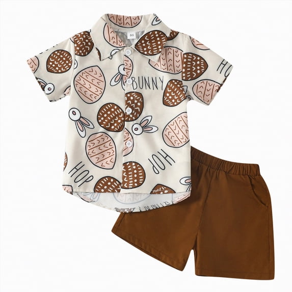 Kaprioy My First Easter Baby Boy Outfit Boys Eeaster Outfit Summer Short Sleeve Gentleman's Suit Easter Egg Cartoon Rabbit Print Lapel Shirt Top Shorts Child Kids Gentleman Outfits