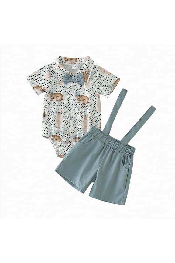 My First Easter Baby Boy Outfit Boys Eeaster Outfit Summer Short Sleeve Rabbit Prints Bowtie Romper Suspender Shorts 2PCS Outfits Clothes Set Gentlemen's Easter Suit