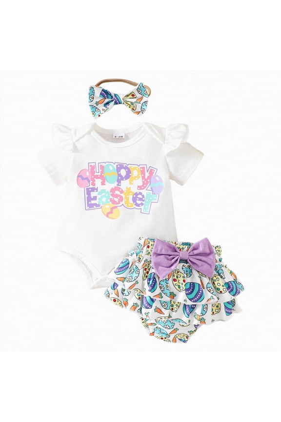 My First Easter Baby Girl Outfit Girls Clothes Cute Letter HOPPY EASTER Print Short Sleeve Romper Top Bow Ruffle Shorts Headband Infant Summer Clothes