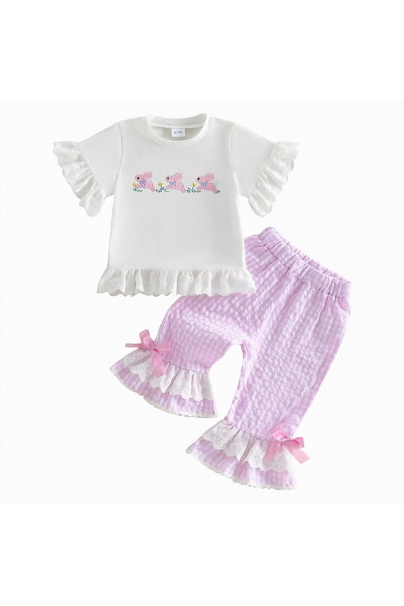 My First Easter Baby Girl Outfit Girls Clothes Easter Baby Girl Outfit Bunny Short Sleeve Tops Plaid Bell Bottoms Flared Pants Set Toddler Summer Clothes