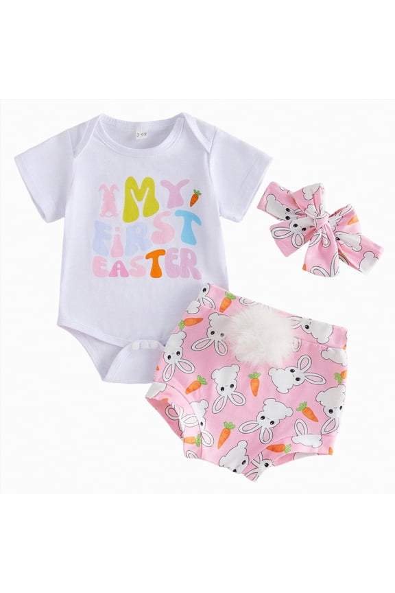 My First Easter Baby Girl Outfit Girls Clothes Infant Baby Girl Easter Outfits Short Sleeve Romper Bunny Onesie + Pompom Shorts Bloomers + Headband 3Pcs