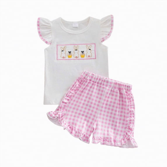 Kaprioy My First Easter Baby Girl Outfit Girls Clothes Rabbit Embroidery Smocked Flutter Sleeve T Shirt Top Plaid Ruffle Shorts Set Little Girls Clothes