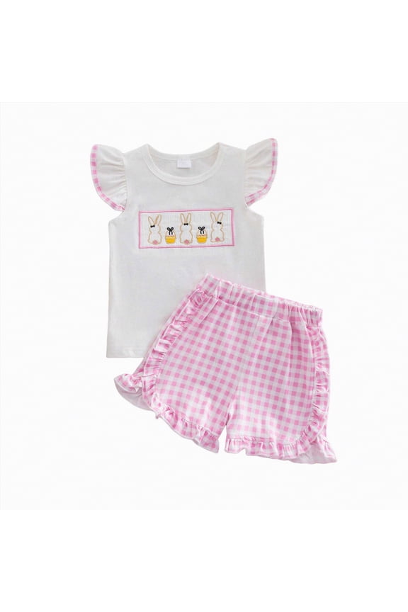 My First Easter Baby Girl Outfit Girls Clothes Rabbit Embroidery Smocked Flutter Sleeve T Shirt Top Plaid Ruffle Shorts Set Little Girls Clothes