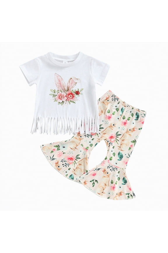 My First Easter Baby Girl Outfit Girls Clothes Short Sleeve Easter Rabbit Flower Prints Tops Bunny Flared Pants 2PCS Outfits Clothes Set Summer Clothes