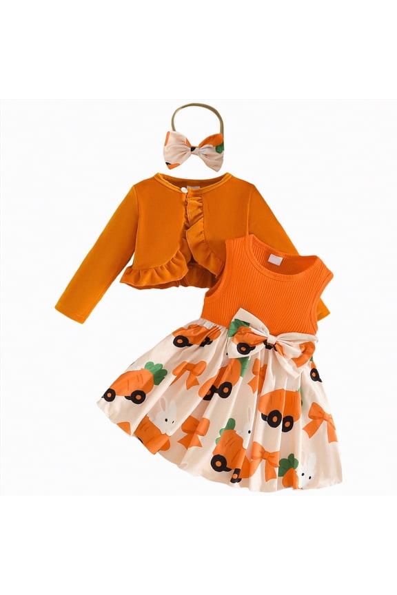 My First Easter Baby Girl Outfit Girls Clothes Sleeveless Easter Carrot Print Vest Dress with Cardigan Long Sleeve Ruffle Coat Bow Headband Clothing sets