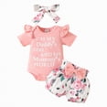 thumbnail image 1 of Kaprioy Girls Summer Outfits Ribbed Daddy Girl Mommy World Letter Ruffle Short Sleeve Romper Shorts With Floral Headband, 1 of 7