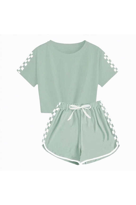 Girls Summer Outfits Sport Checkered Tops Shorts Plaid Print Clothing Sets Tracksuit 2 Piece Activewear