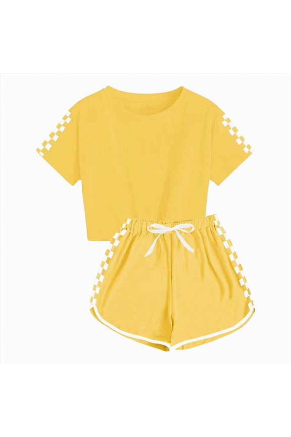 Girls Summer Outfits Sport Checkered Tops Shorts Plaid Print Clothing Sets Tracksuit 2 Piece Activewear