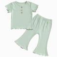 thumbnail image 1 of Kaprioy Girls Summer Outfits Toddler Baby Girl Birthday Outfit Ruffle Ribbed Knit Short Sleeve T-Shirts Tops Flare Pants Cute 2 Piece Clothes Set, 1 of 5