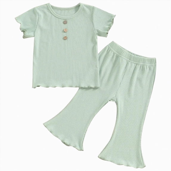 Kaprioy Girls Summer Outfits Toddler Baby Girl Birthday Outfit Ruffle Ribbed Knit Short Sleeve T-Shirts Tops Flare Pants Cute 2 Piece Clothes Set