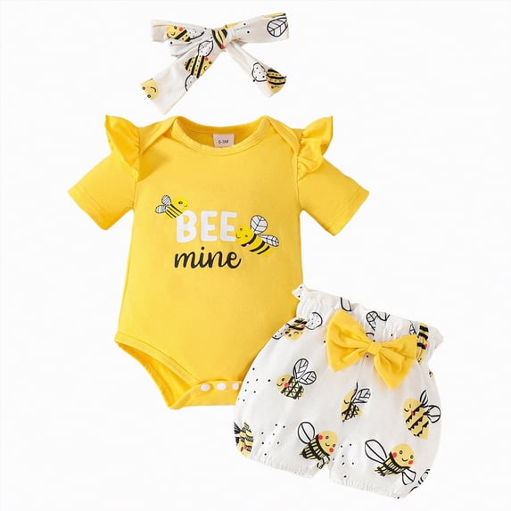 Kaprioy Girls Summer Outfits Two Sweetsuit Bumble Bee Printed One Romper Shorts Headband Summer Ruffle Sleeve Clothes