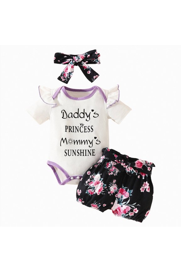 Girls Summer Outfits Two Sweetsuit Bumble Bee Printed One Romper Shorts Headband Summer Ruffle Sleeve Clothes