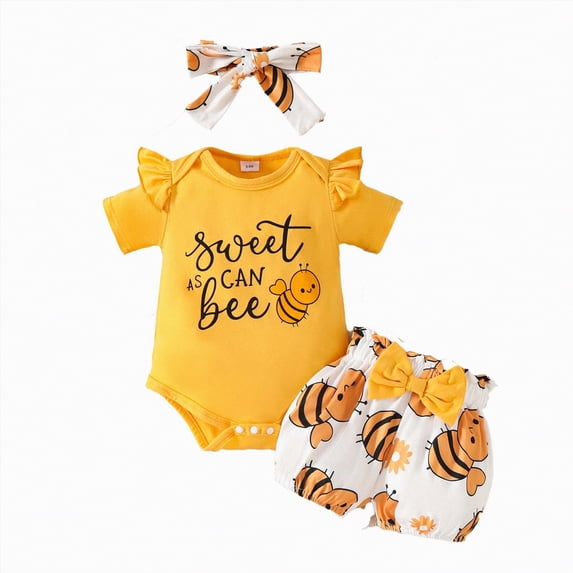 Kaprioy Girls Summer Outfits Two Sweetsuit Bumble Bee Printed One Romper Shorts Headband Summer Ruffle Sleeve Clothes