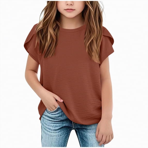 Kaprioy Girls T Shirts Girls' T Shirts Girls' Summer T Shirts Crewneck Petal Wavy Sleeves Crew Neck Short Sleeve Cute Casual Plain Tops