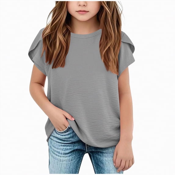 Kaprioy Girls T Shirts Girls' T Shirts Girls' Summer T Shirts Crewneck Petal Wavy Sleeves Crew Neck Short Sleeve Cute Casual Plain Tops
