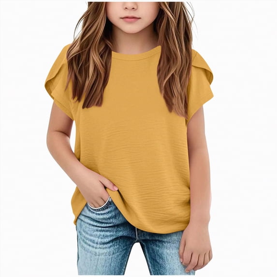 Kaprioy Girls T Shirts Girls' T Shirts Girls' Summer T Shirts Crewneck Petal Wavy Sleeves Crew Neck Short Sleeve Cute Casual Plain Tops