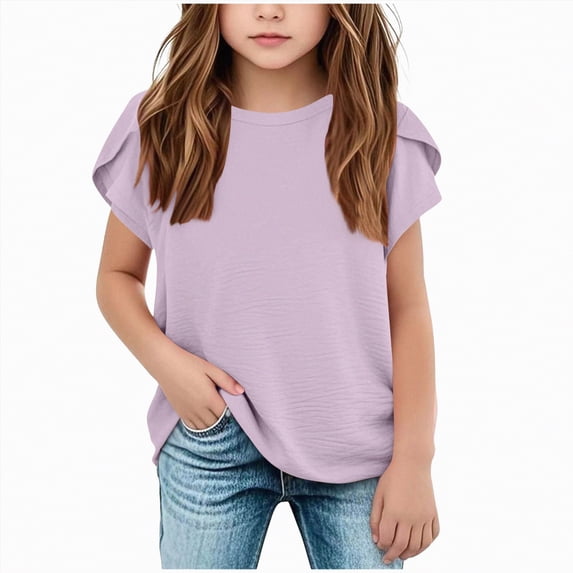 Kaprioy Girls T Shirts Girls' T Shirts Girls' Summer T Shirts Crewneck Petal Wavy Sleeves Crew Neck Short Sleeve Cute Casual Plain Tops