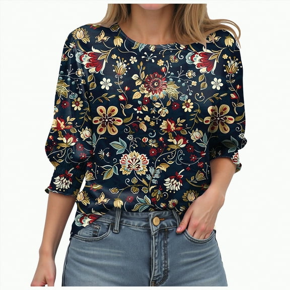 Kaprioy Graphic Tees For Women Crew Neck T Shirts 3/4 Sleeve Casual Boho Tops Cute Blouses Dressy Fall Fashion Clothes Black, S