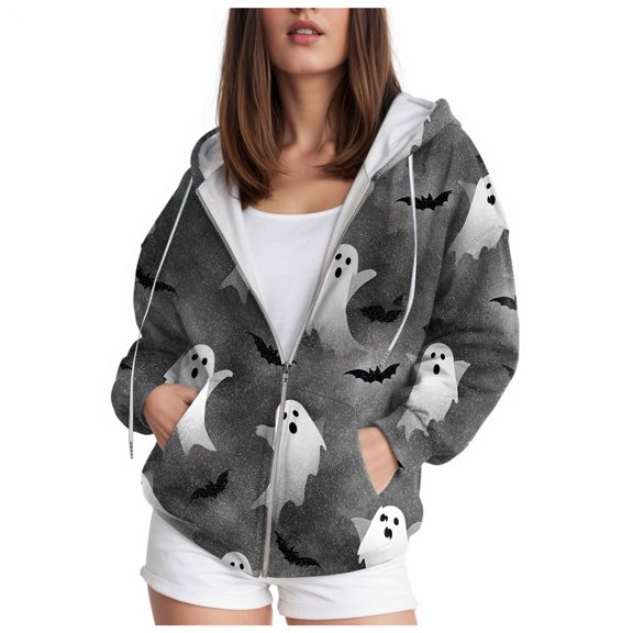 Kaprioy Halloween Hoodie for Women Cute Ghost Graphic Tees Trendy Tshirt Hooded Casual 2025 Long Sleeve Fall Fashion Clothes With Pocket Grey, XXXXXXL