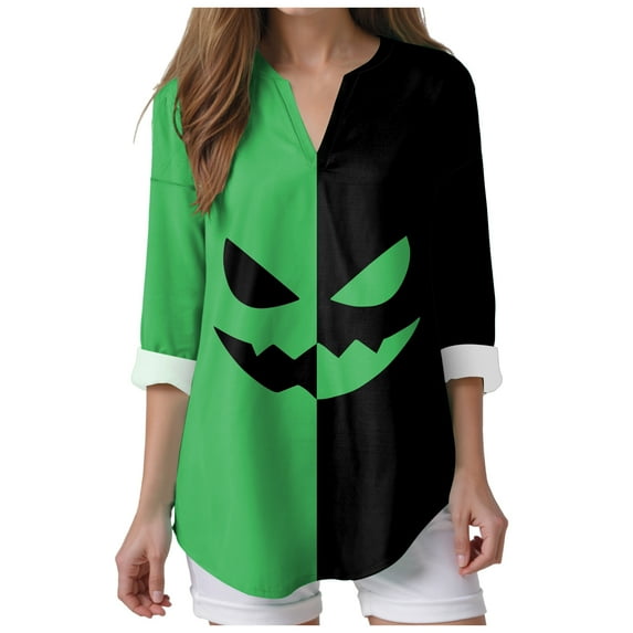 Kaprioy Halloween Shirts for Women 3/4 Sleeve Tops Halloween Block Color Pumpkin Printed V Neck Fall Fashion Blouse Funny Tops Light Green, XL