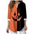 thumbnail image 1 of Kaprioy Halloween Shirts for Women 3/4 Sleeve Tops Halloween Block Color Pumpkin Printed V Neck Fall Fashion Blouse Funny Tops Orange, M, 1 of 5
