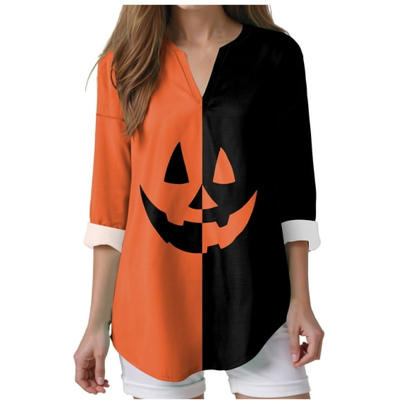 Kaprioy Halloween Shirts for Women 3/4 Sleeve Tops Halloween Block Color Pumpkin Printed V Neck Fall Fashion Blouse Funny Tops Orange, XXXXL