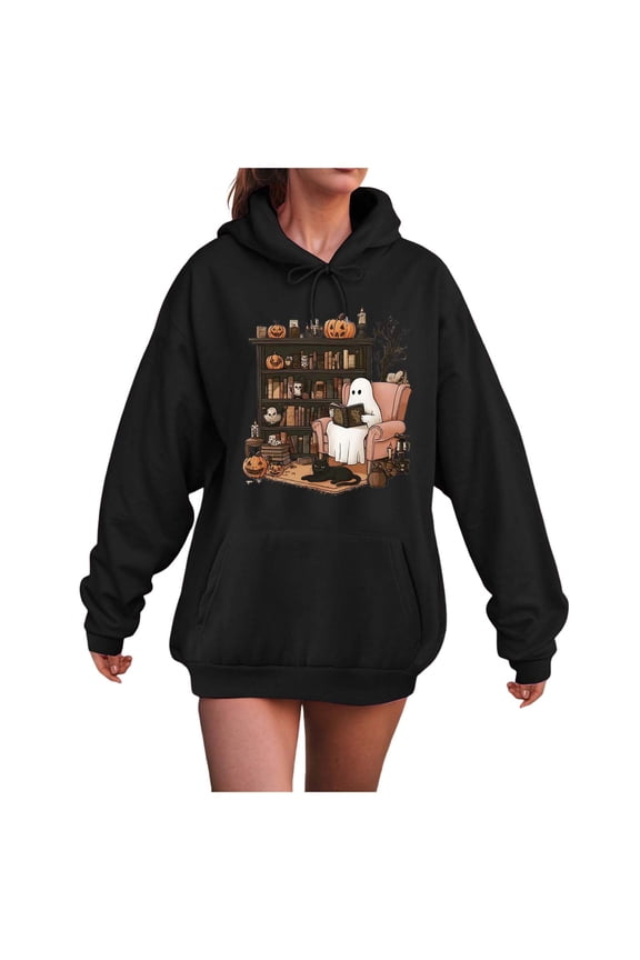 Halloween Sweatshirt for Women Ghosts Reading Books Graphic Long Sleeve Sweater Cute Spooky Bookish Hoodies Black, L