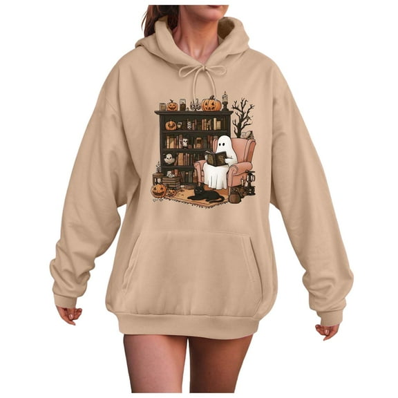 Kaprioy Halloween Sweatshirt for Women Ghosts Reading Books Graphic Long Sleeve Sweater Cute Spooky Bookish Hoodies Khaki, M