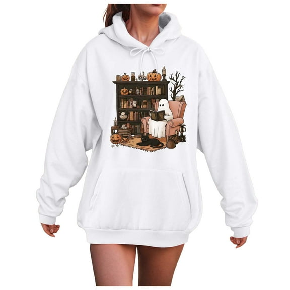 Kaprioy Halloween Sweatshirt for Women Ghosts Reading Books Graphic Long Sleeve Sweater Cute Spooky Bookish Hoodies White, L