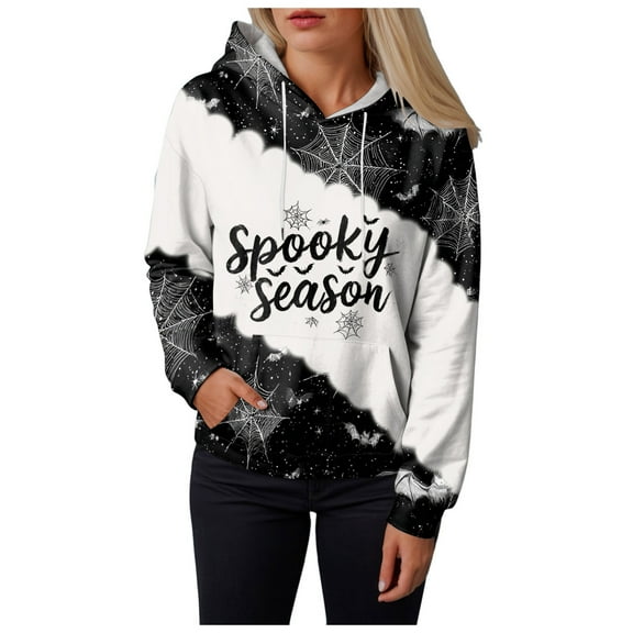 Kaprioy Halloween Sweatshirts for Women Pullover Sweatshirt Drawstring Fall Fashion Spooky Spider Printed Hoodie Long Sleeve Tops with Pocket Grey, XL