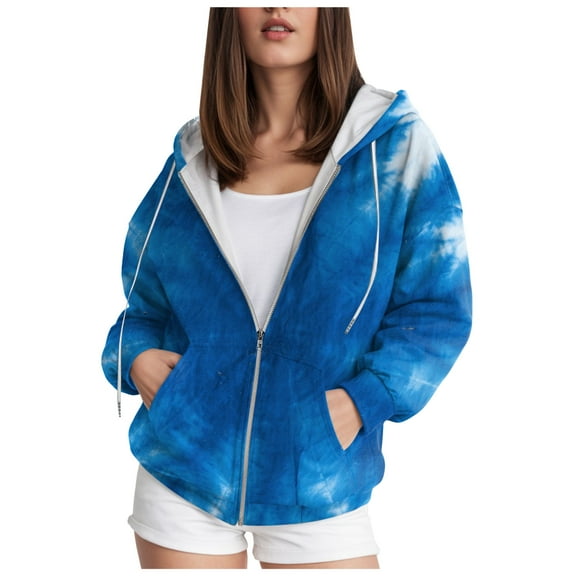Kaprioy Hoodies For Women Tie Dye Zip Zipper Up Pocket Drawstring Ladies Pullover Fall Fashion Hooded Sweatshirts Casual Tops For Women Blue, XXXL