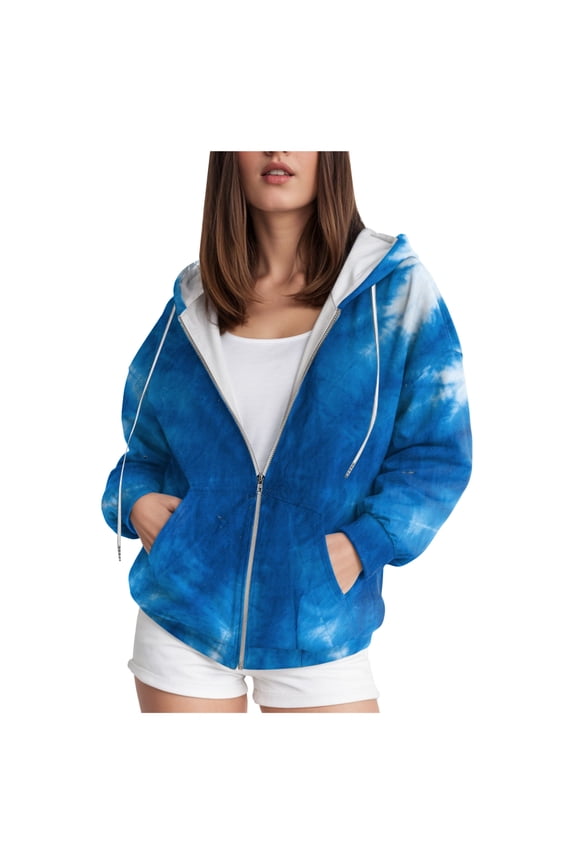 Hoodies For Women Tie Dye Zip Zipper Up Pocket Drawstring Ladies Pullover Fall Fashion Hooded Sweatshirts Casual Tops For Women Blue, XXXL