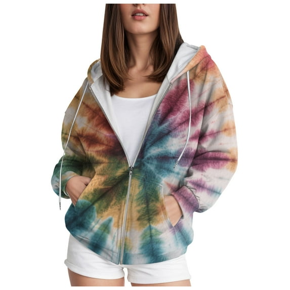 Kaprioy Hoodies For Women Tie Dye Zip Zipper Up Pocket Drawstring Ladies Pullover Fall Fashion Hooded Sweatshirts Casual Tops For Women Khaki, XS
