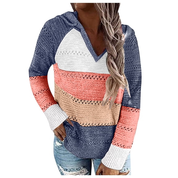 Kaprioy Hoodies For Women Crochet Striped Sweaters Color Block Hooded Lightweight Drawstring Hoodies Pullover Fall Fashion Clothing Swearshirts Dark Blue, S