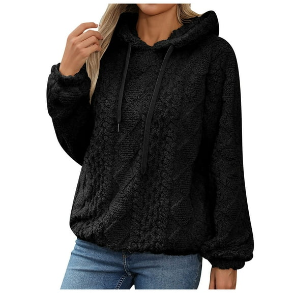 Kaprioy Hoodies for Women Fleece Cable Knit Hoodies Fall Winter Warm Y2k Hoodie Oversized Sweatshirts For Women Black, XL
