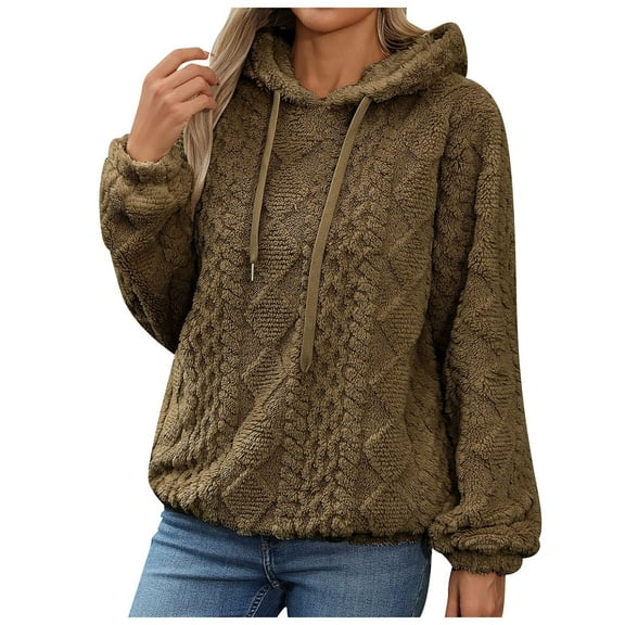 Kaprioy Hoodies for Women Fleece Cable Knit Hoodies Fall Winter Warm Y2k Hoodie Oversized Sweatshirts For Women Khaki, XL