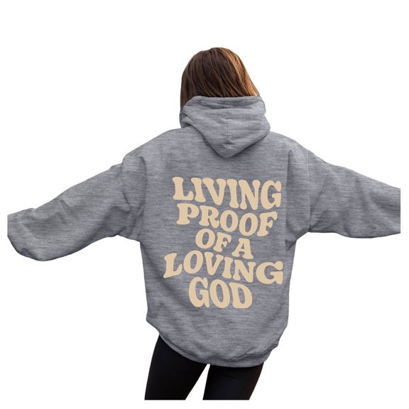 Kaprioy Hoodies for Women Letter Graphic Bible Verse Oversized Long Sleeve Jesus Faith Sweatshirts Pullover Fashion Clothing Light Gray, M