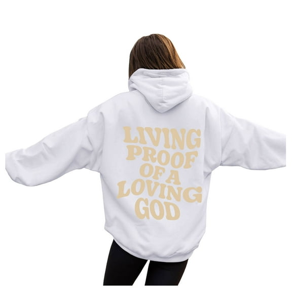Kaprioy Hoodies for Women Letter Graphic Bible Verse Oversized Long Sleeve Jesus Faith Sweatshirts Pullover Fashion Clothing White, M