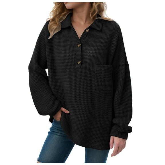 Kaprioy Hoodies for Women Waffle Knit Long Sleeve Drawstring Button V Neck Casual Pullover Sweatshirt Hooded Tops Black, L