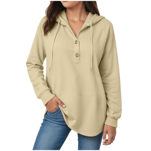 Kaprioy Hoodies for Women Waffle Knit Long Sleeve Fall Fashion Button V Neck Casual Pullover Sweatshirt Hooded Going Out Tops Light Yellow, XXL