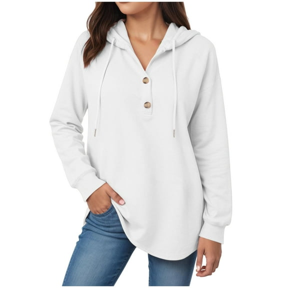 Kaprioy Hoodies for Women Waffle Knit Long Sleeve Fall Fashion Button V Neck Casual Pullover Sweatshirt Hooded Going Out Tops White, XL